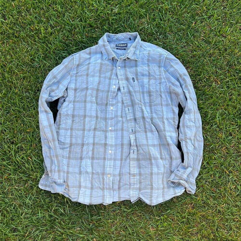 Babour tailored fit blue checkered button up mens size L